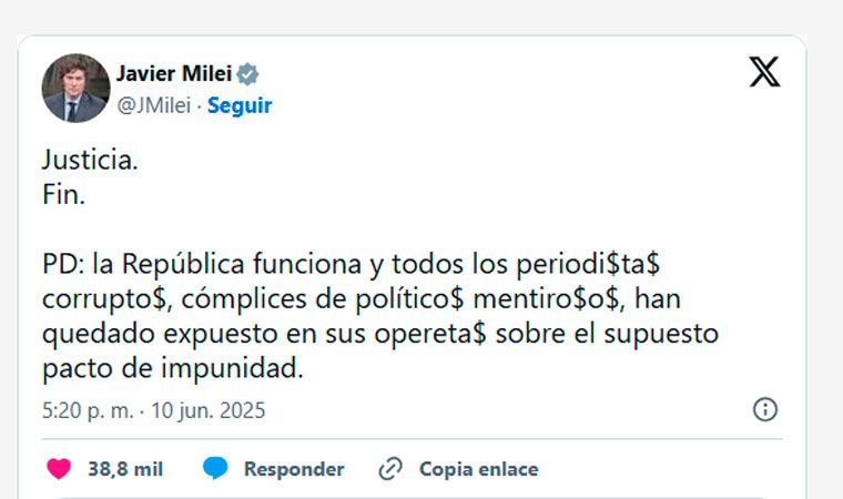 El posteo de Milei tras el fallo de la Corte: "Justicia. Fin"