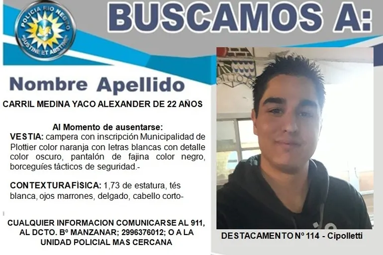 Buscan a un joven de 22 años que desapareció en Cipolletti