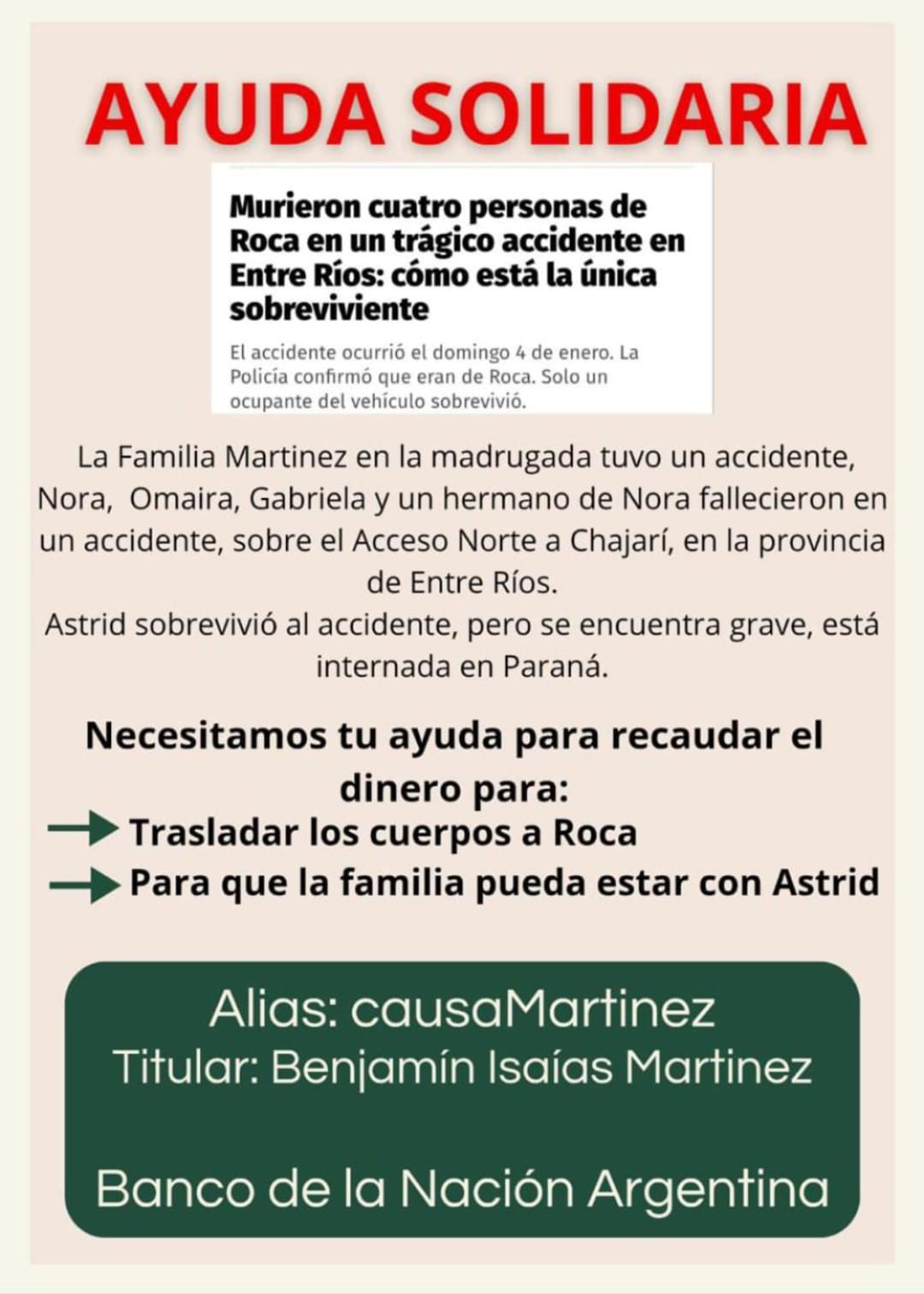 Cuatro roquenses murieron en Chajarí y piden ayuda para el traslado